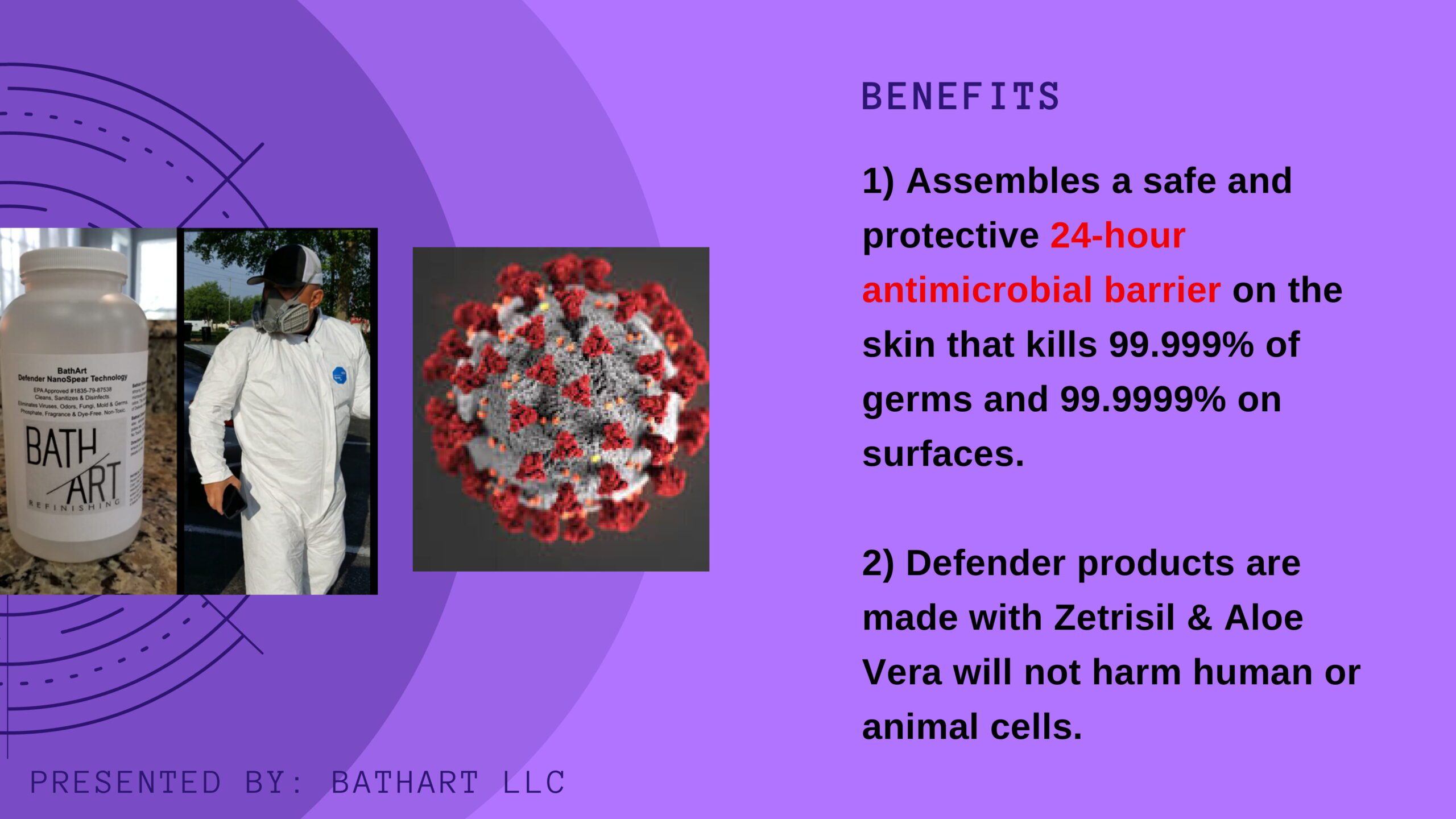 A picture of a person and the benefits of using an antimicrobial product.