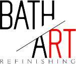 A black and white logo with the words bath art refinishing underneath.