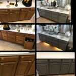 A collage of photos showing the before and after of a bathroom.