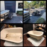 A collage of photos with the bathtub and trailer.