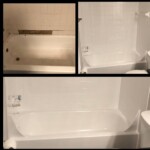 A collage of photos showing the inside of a bathtub, shower and toilet.
